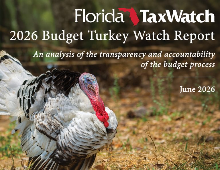 Cover of the Florida TaxWatch 2026 Budget Turkey Watch Report, featuring a wild turkey in a natural outdoor setting with the report title and June 2026 date.